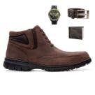 Kit Bota Casual Confort Gel em Couro Masculino Texas Gold Café Relógio Cinto e Carteira
