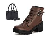 Kit Bota Coturno Feminino Tratorado E Bolsa Tote Grande