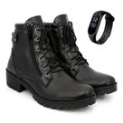 Kit Bota Feminina Coturno Feminino Zíper Lateral Tratorada Casual Preto Salto Baixo Moda + Relogio