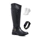 Kit Bota Feminina Montaria Country Cano Alto Inverno Confortável+ Relógio e Meia