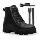 Kit Bota Feminina Tratorada Preto Ziper Lateral Sola Alta Blogueira Moda Cano Baixo + Cinto