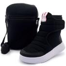 Kit Bota Infantil Menina Calce Fácil Feminina Com Bolsinha Cano Alto Preta Mz Shoes