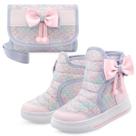 Kit Bota Infantil Menina Com Bolsa Cano Alto Feminina Rosa/Brilho Gatatuya