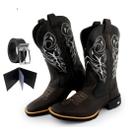Kit Bota Texana Masculina Couro Country Casual Campo Café Delegada com Carteira e Cinto