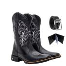 Kit Bota Texana Masculina Couro Country Casual Preta Delegada com Carteira e Cinto
