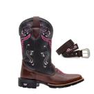 Kit Bota Texana Western Feminina Bico Quadrado Texas Gold Cara de Boi Café com Cinto Country