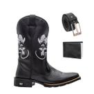 Kit Bota Texana Western Masculina de Couro Bico Quadrado Texas Gold Peão Preto com Carteira e Cinto