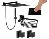 Kit Box Completo Preto Fosco Chuveiro Saboneteira Ralo Click