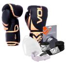 Kit Boxe Muay Thai Luva 10Oz Dourado + Protetor Bucal + Bandagem Preta