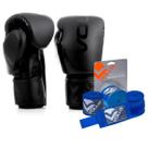 Kit Boxe Muay Thai Luva 12oz Preta + Bandagem 3M Azul Vollo