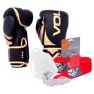 Kit Boxe Muay Thai Luva 14Oz Dourado + Protetor Bucal + Bandagem Vermelha