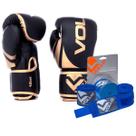 Kit Boxe MuayThai Luva 12oz Dourada + Bandagem 3M Azul Vollo