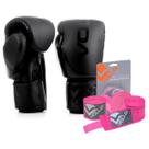 Kit Boxe Vollo Luva 12oz Preta + Bandagem 3M Rosa MuayThai