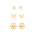 Kit brinco borboleta, flor e solitário banhado a ouro 18k com zircônias