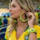 Kit Brincos Argola e Pulseira Brasil Amarela Torcedora Copa -