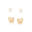 Kit brincos banhado ouro 3x 24k 18k e 22k femininos borboleta zircônias rommanel e um par solitário 527056 Kit brincos banhado ouro 3x 24k 18k e 22k femininos borboleta zircônias rommanel e um par solitário 527056