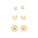 Kit brincos banhado ouro 3x 24k 18k e 22k femininos rommanel sextou borboleta, flor e solitário zircônias 527229