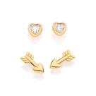 Kit brincos rommanel feminino banhado ouro 18k flecha e coração 527488