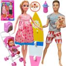 Kit Brinquedo Boneco e Boneca Grávida Com Bebê Na Barriga, Com Prancha de Surf Familia Presente Menina e Meninos