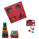 Kit Brinquedo Pedagógico Educativo Em Madeira Passa Figura + Cubo De Encaixe