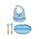 Kit Buba - Pratinho e Talheres Silicone + babador Gumy Azul