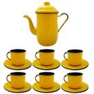 Kit Bule De Café E Chá Com 6 Xícaras e Pires Aço Esmaltado