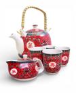 Kit Bule de Chá Alça Madeira + Mini Bule e 4 Copos Porcelana Cor:Oriental Vermelho