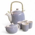 Kit Bule de Chá Alça Madeira + Mini Bule e 4 Copos Porcelana