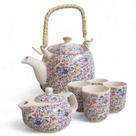 Kit Bule de Chá Alça Madeira + Mini Bule e 4 Copos Porcelana