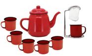Kit Bule Esmaltado Vermelho 6 Canecas e Mini Coador Café Aço Cromado - Mundial Import Kit Bule Esmaltado Vermelho 6 Canecas e Mini Coador Café Aço Cromado - Mundial Import