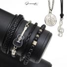 Kit C/04 Pulseiras De Couro Masculina Música Violão Premium + Colares Clave de Sol