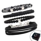 KIT C/04 Pulseiras de Couro Trançado + Pedras Naturais Hematita e Ônix