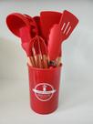 Kit c/ 12 peças utensílios de silicone com cabo de madeira