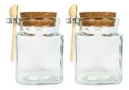 Kit C/2 Potes De Vidro Quadrado Com Colher Em Madeira 260ml