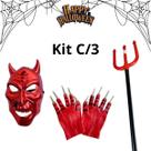 Kit C/3 Diabo Trispeto Máscara Luvas Halloween Fantasia