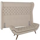 Kit Cabeceira Cama Box Queen 160 cm Madrid com Puff Recamier Santorini P05 Linho Creme - Lyam Decor