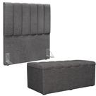 Kit Cabeceira Cama Box Solteiro 100cm Com Calçadeira Baú Dália W01 Linho Cinza Escuro - Lyam Decor