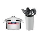 Kit Caçarola Aço Inox Solar 6,1 Litros Pit 2 + Jogo de Utensílios 6 Peças Verano Ônix - Tramontina Kit Caçarola Aço Inox Solar 6,1 Litros Pit 2 + Jogo de Utensílios 6 Peças Verano Ônix - Tramontina