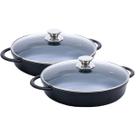 Kit Caçarola Baixa Hercules Indução Antiaderente Ceramico Tampa de Vidro Redonda Preta 30cm 3,5 Litros + 3,5 Litros