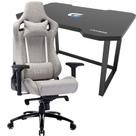Kit Cadeira Gamer Confortável Até 180Kg Com Almofada de Lombar e Pescoço Cor Cinza + Mesa Suporte Escrivaninha Grande Tela Gabinete
