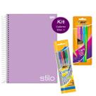 Kit Caderno Espiral 10m Capa Dura 160 fls Lilás Pastel + Kit 8 Canetas Coloridas BIC Fashion Escolar Ensino Médio