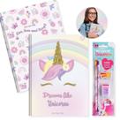Kit Caderno Grande Unicórnio Brochura Capa Dura Kit 2un com Pauta + Kit Escolar 4pcs Ensino Fundamental