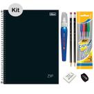 Kit Caderno Universitário Capa Dura Preto 80fls + Kit Escolar Caneta BIC 4 Cores Borracha Apontador e Corretivo Caneta