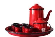 Kit café bule açucareiro bandeja 6 caneca Esmaltado Vermelho