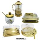 Kit Café da Manhã 5 Peças Porta Frio + Porta Pão + Porta Bolo + Açucareiro + Cafeteira Dourado Fineza