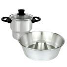 Kit Café da Tarde Jogo Com Assadeira Forma Redonda com Furo no Meio N20 e Cuscuzeira N14 em Alumínio Polido