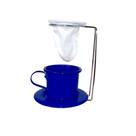 Kit Café Gourmet Xícara Pires Esmaltada Azul e Mini Coador e Suporte