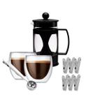 Kit Café Premium Mimo Style Cafeteira Prensa Francesa Colher Medidora com Clips Jogo de Pregadores 2 Copos Vidro Duplo