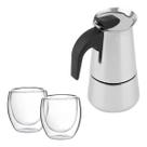 Kit Cafeteira Italiana Moka 450ml + 2 Copos Vidro Duplo 80ml Kit Cafeteira Italiana Moka 450ml + 2 Copos Vidro Duplo 80ml