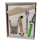 Kit Caipirinha C/copo de Vidro + Tabua de Madeira + Socador + Colher e Faca